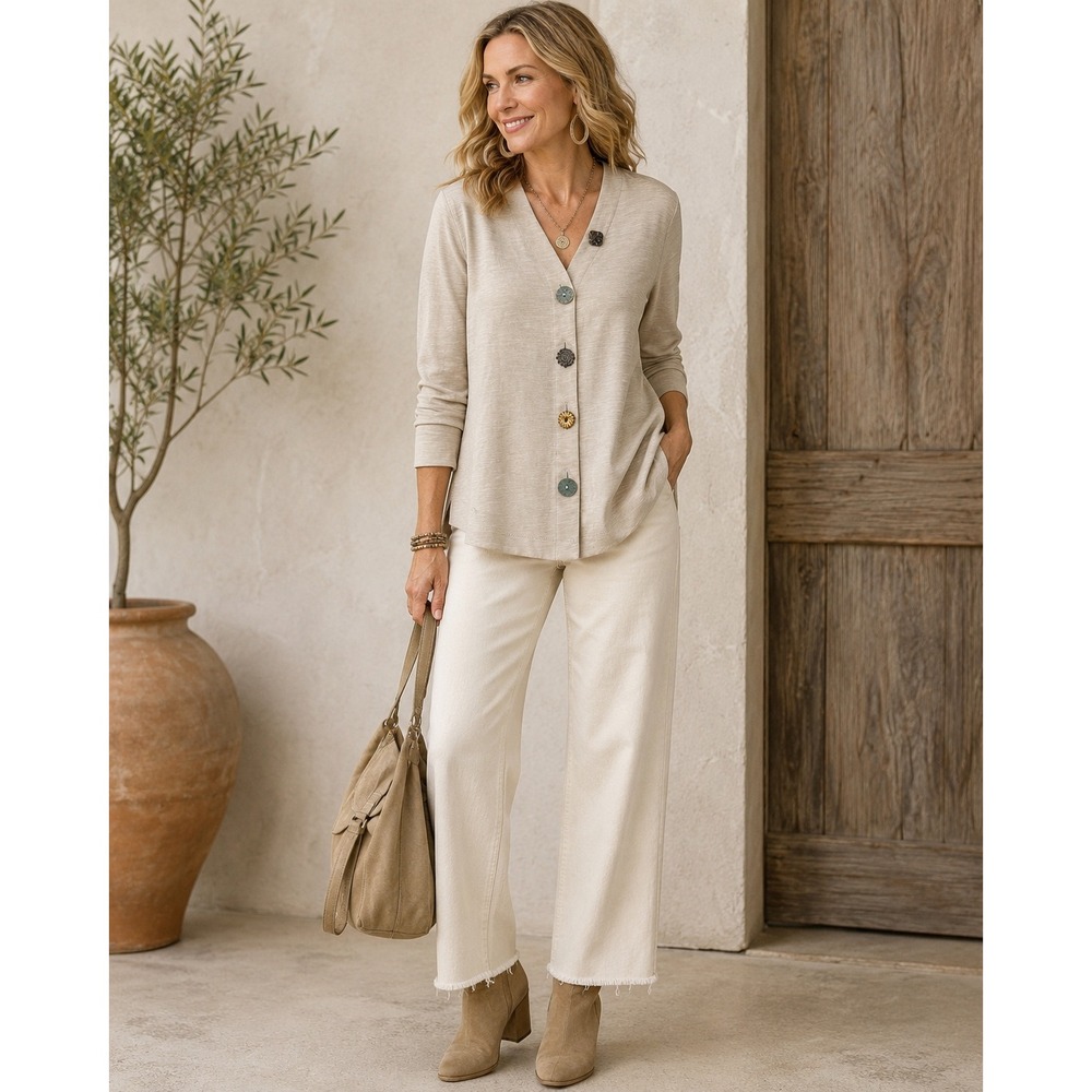 Soft Surroundings‎ Delia Petite Small Ivory Cotton Mixed Button Boho Cardigan